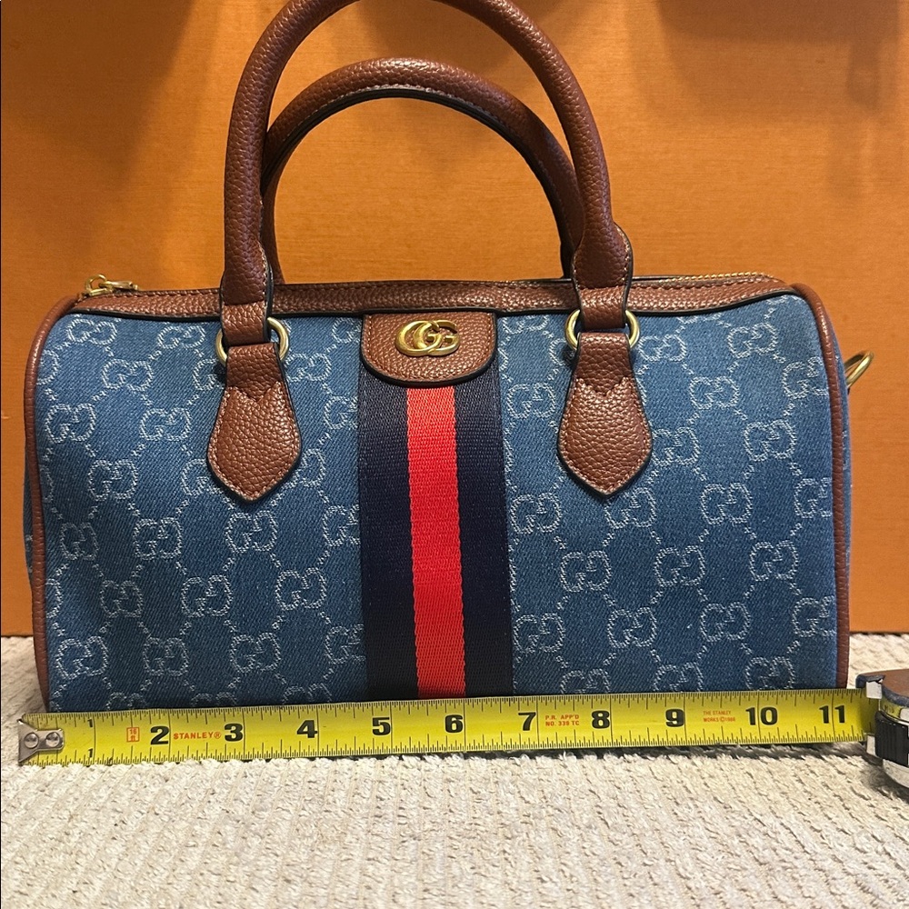 Gucci Denim GG Top-Handle Satchel with Red and Navy Stripe - Picture 7 of 9
